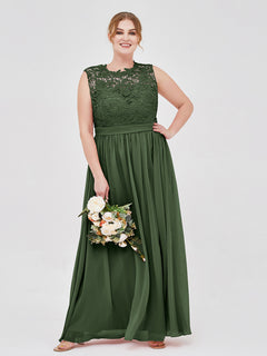 Illusion Neck Chiffon and Lace Dresses Olive Green