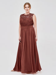 Illusion Neck Chiffon and Lace Dresses Terracotta
