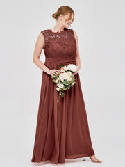Illusion Neck Chiffon and Lace Dresses Terracotta