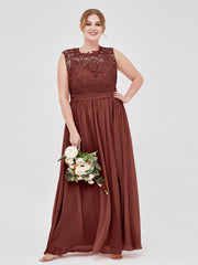 Illusion Neck Chiffon and Lace Dresses Terracotta