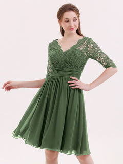 Lace and Chiffon Short Dress with Half Sleeves Olive Green