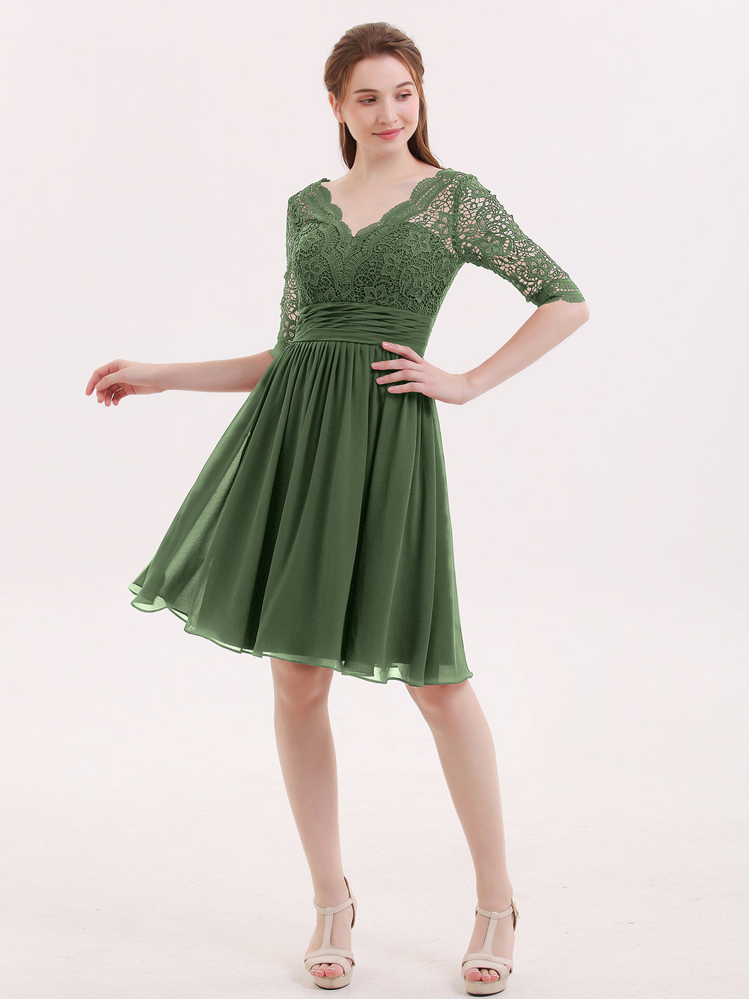 BABARONI Lace and Chiffon Short Dress with Half Sleeves Olive Green, Olive Green / US0 BABARONI Lace and Chiffon Short Dress with Half Sleeves Olive Green, Olive Green / US0