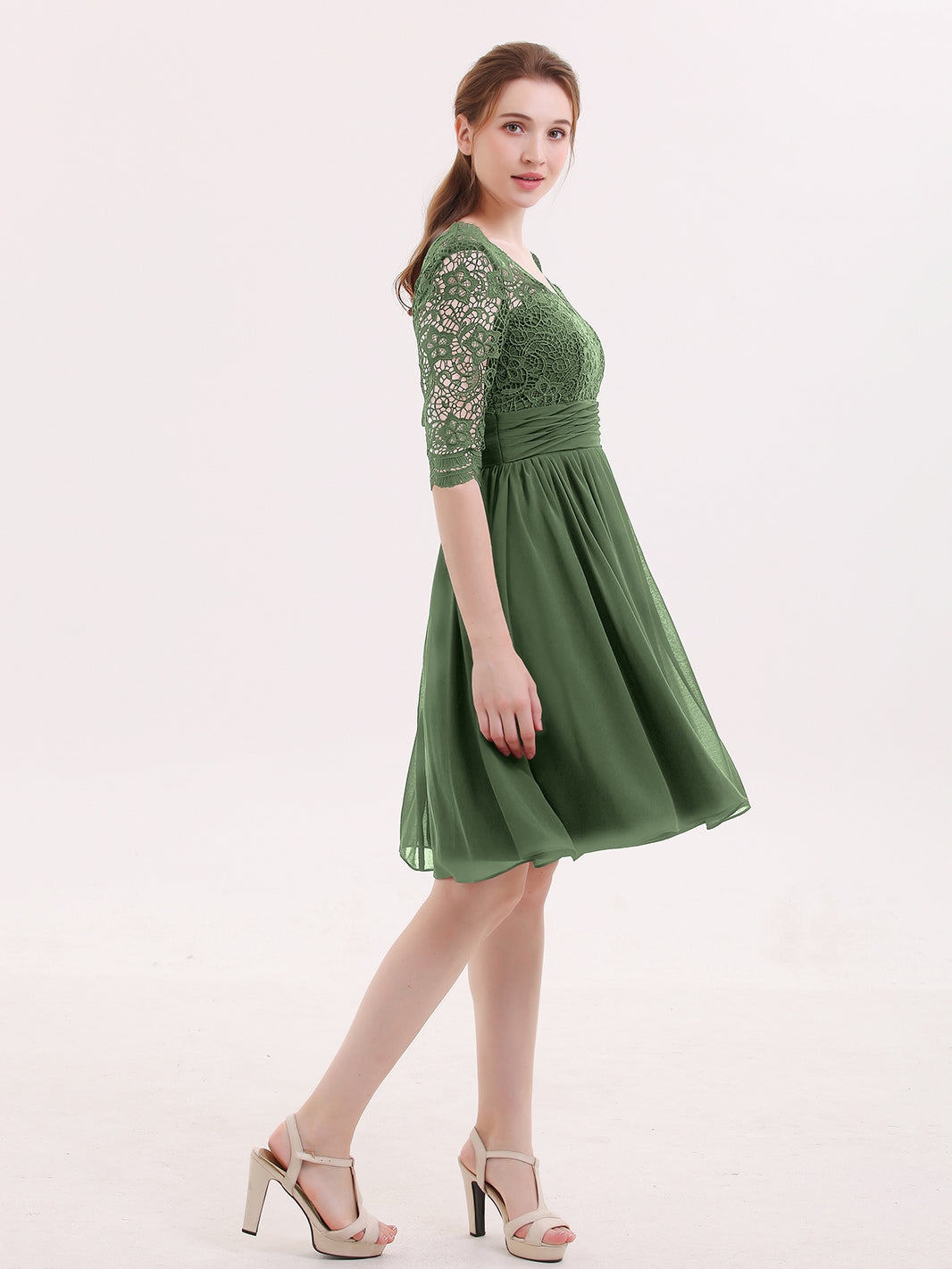 BABARONI Lace and Chiffon Short Dress with Half Sleeves Olive Green, Olive Green / US0
