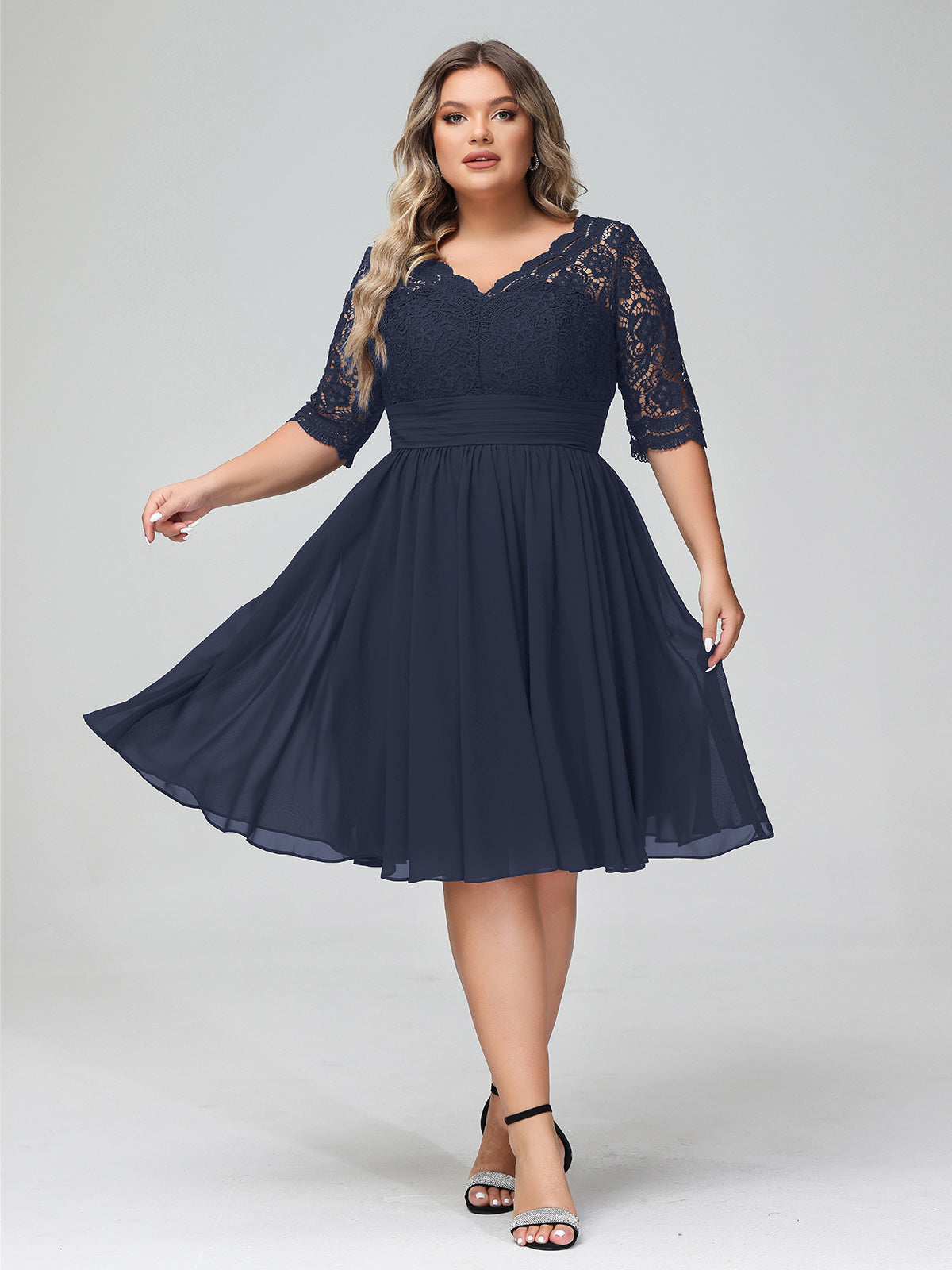 Dark Navy Plus Size Lace Chiffon Bridesmaid Dress BABARONI Short Half Sleeve Wedding Formal Gown
