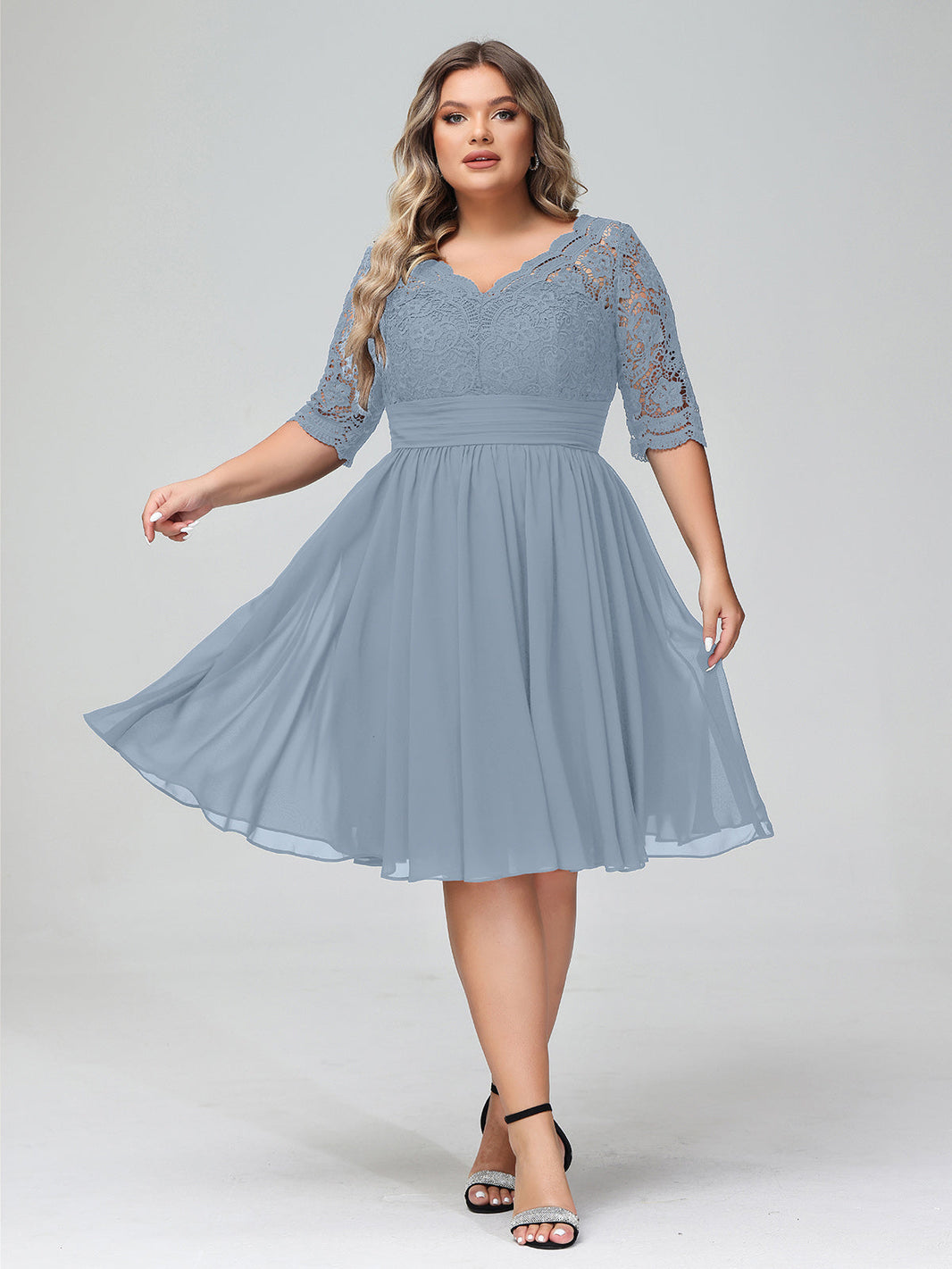 BABARONI Chiffon Dusty Blue Bridesmaid Dresses V-neck Knee-length 3/4-Length Lace A-line, Dusty Blue / US0