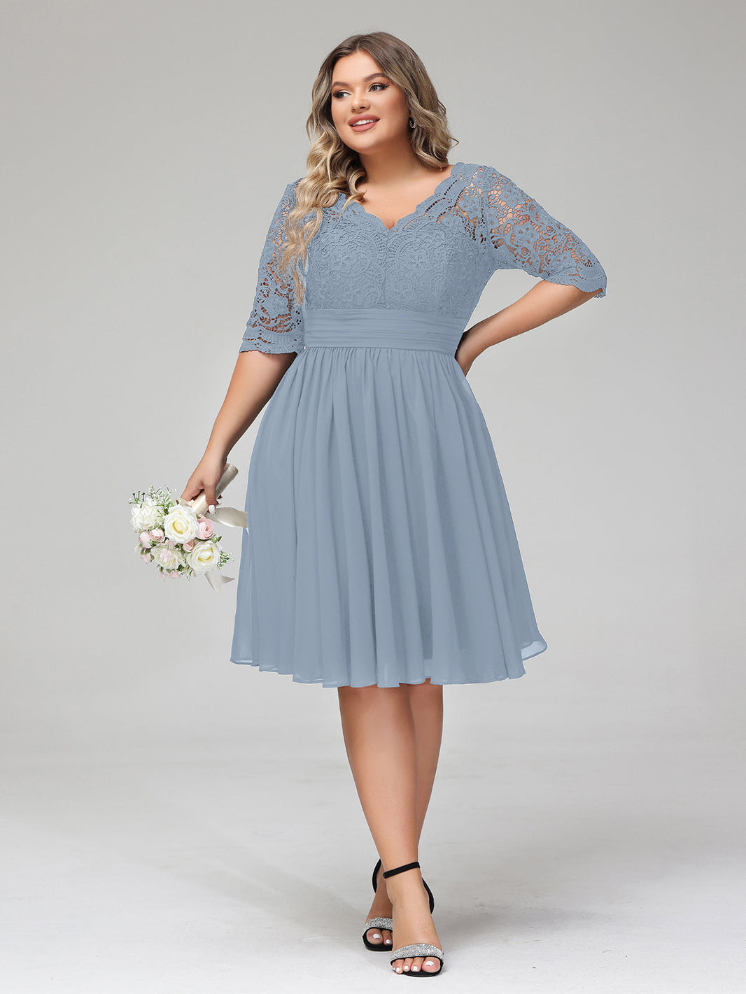 BABARONI Lace and Chiffon Short Dress with Half Sleeves Dusty Blue, Dusty Blue / US0