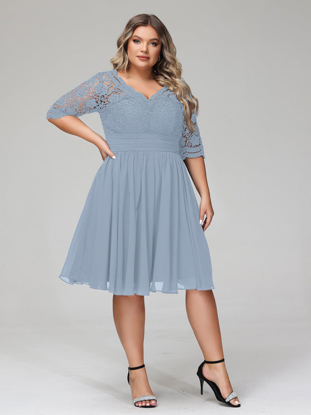 BABARONI Lace and Chiffon Short Dress with Half Sleeves Dusty Blue, Dusty Blue / US0