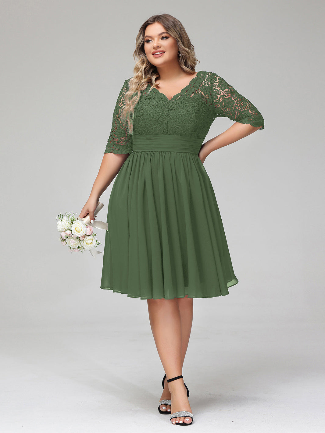 BABARONI Lace and Chiffon Short Dress with Half Sleeves Olive Green, Olive Green / US0