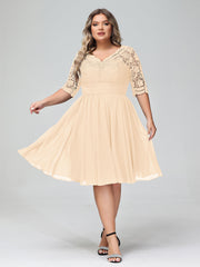 Lace and Chiffon Short Dress with Half Sleeves Peach