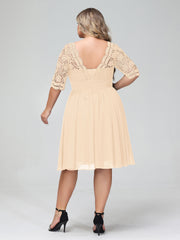 Lace and Chiffon Short Dress with Half Sleeves Peach