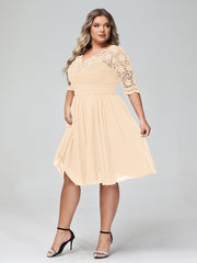 Lace and Chiffon Short Dress with Half Sleeves Peach