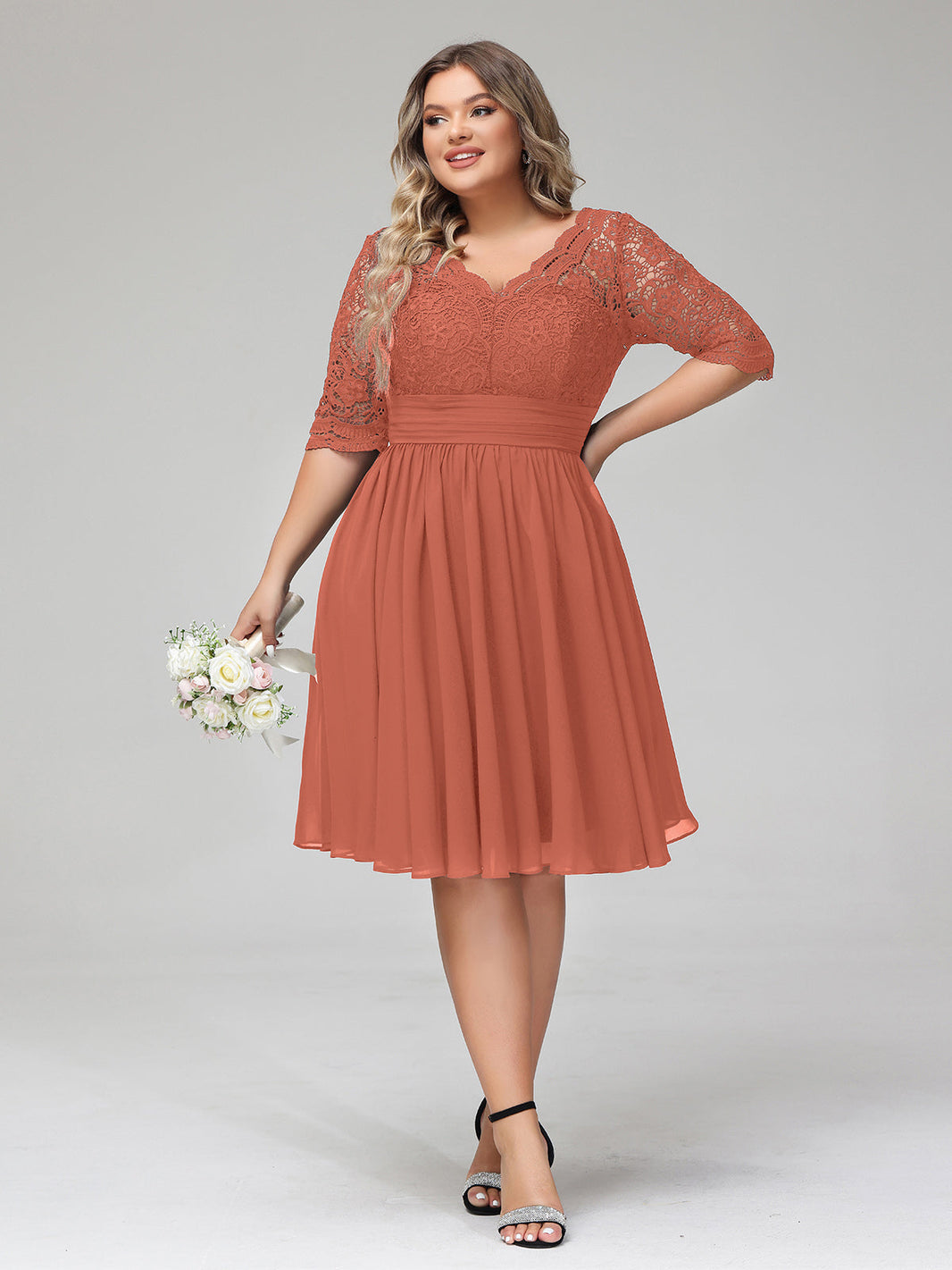 BABARONI Chiffon Rust Bridesmaid Dresses V-neck Knee-length 3/4-Length Lace  A-line