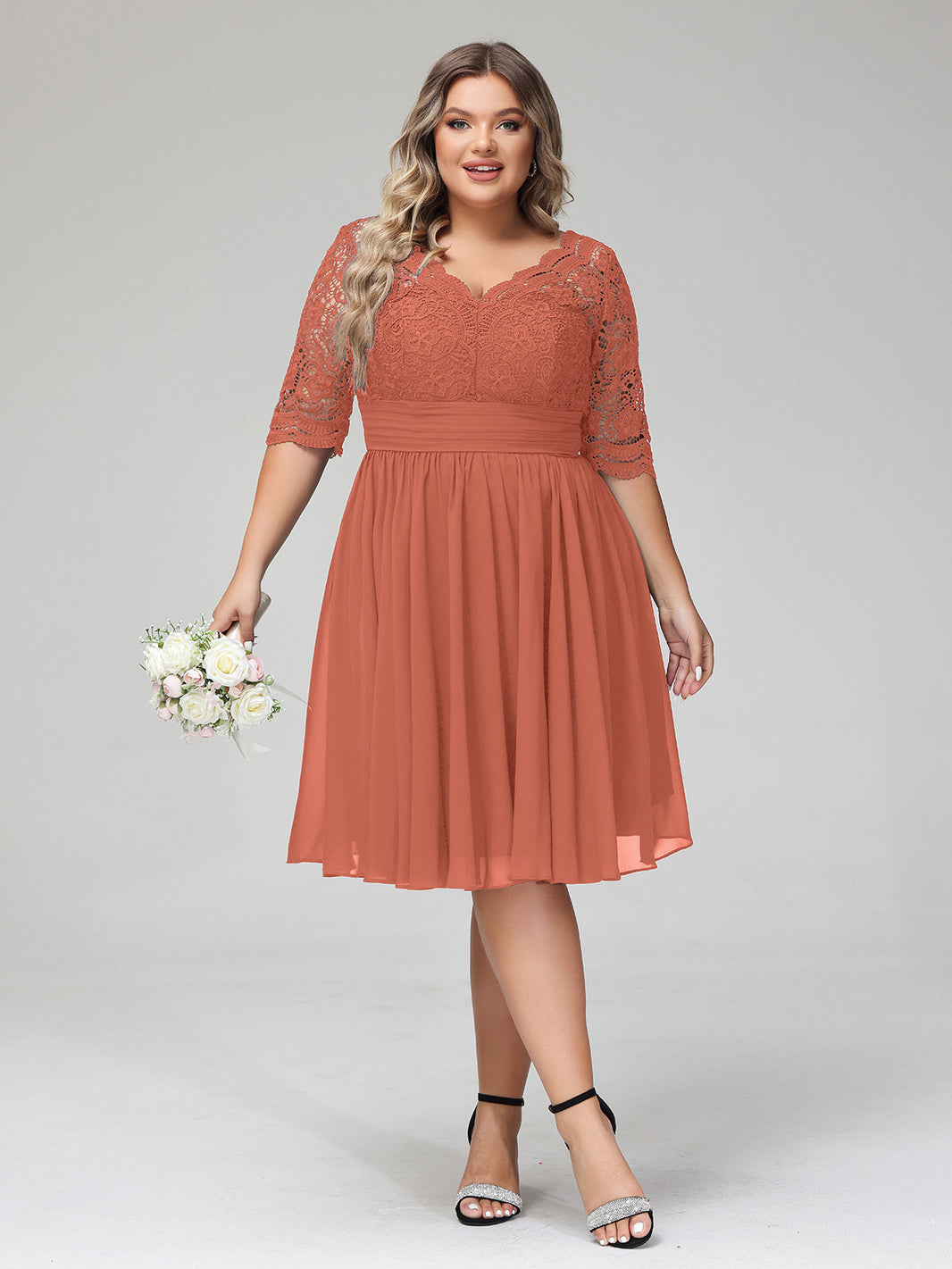 BABARONI Chiffon Rust Bridesmaid Dresses V-neck Knee-length 3/4-Length Lace A-line, Rust / US0