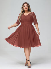 Lace and Chiffon Short Dress with Half Sleeves Terracotta