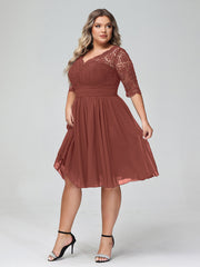 Lace and Chiffon Short Dress with Half Sleeves Terracotta