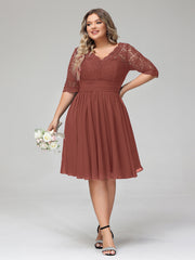 Lace and Chiffon Short Dress with Half Sleeves Terracotta