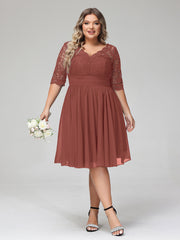 Lace and Chiffon Short Dress with Half Sleeves Terracotta