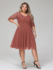 Lace and Chiffon Short Dress with Half Sleeves Terracotta