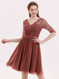 Lace and Chiffon Short Dress with Half Sleeves Terracotta