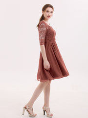 Lace and Chiffon Short Dress with Half Sleeves Terracotta