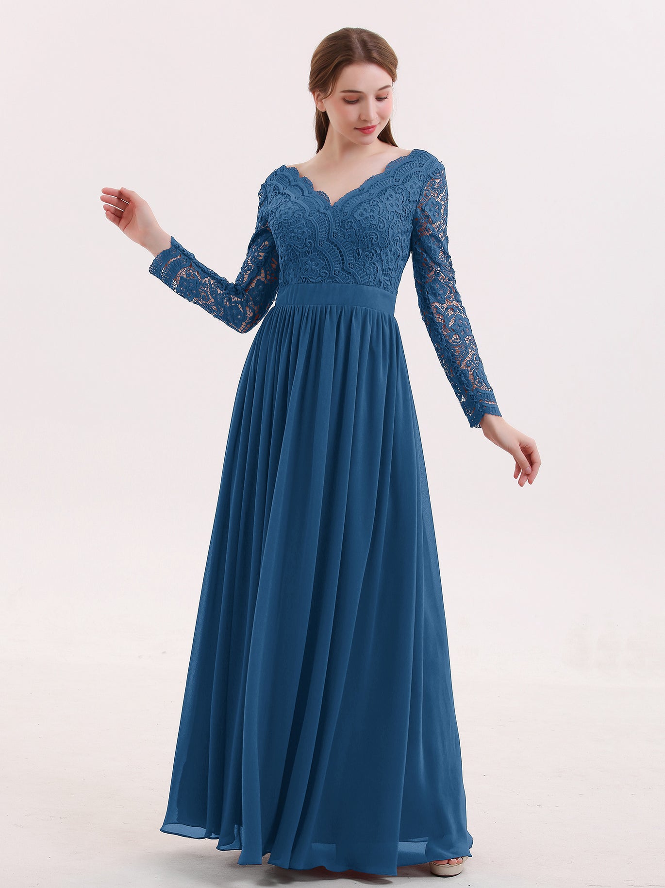BABARONI V Neck Lace and Chiffon Dress with Long Sleeves Ink Blue, Ink Blue / US0