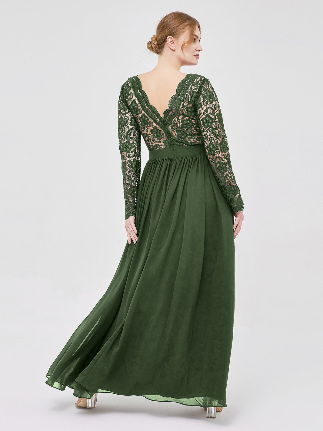 BABARONI V Neck Lace and Chiffon Dress with Long Sleeves Olive Green, Olive Green / US0