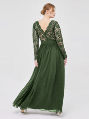 V Neck Lace and Chiffon Dress with Long Sleeves Olive Green