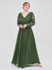 V Neck Lace and Chiffon Dress with Long Sleeves Olive Green