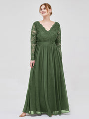 V Neck Lace and Chiffon Dress with Long Sleeves Olive Green
