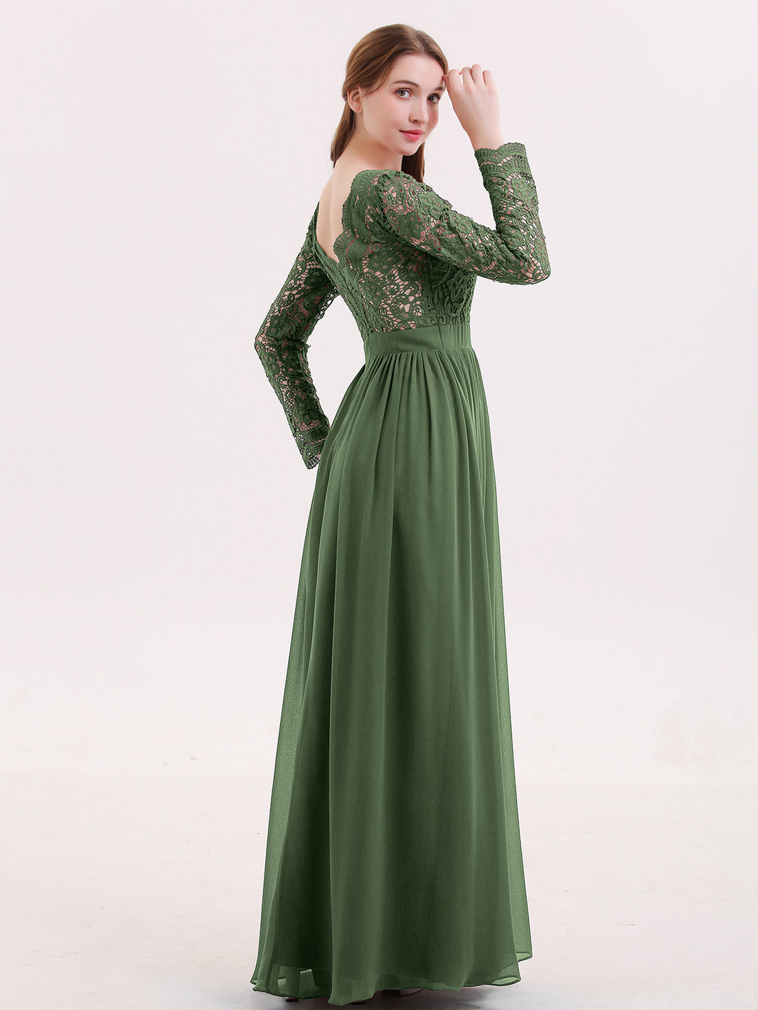 BABARONI V Neck Lace and Chiffon Dress with Long Sleeves Olive Green, Olive Green / US0
