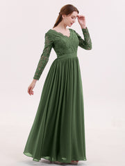 V Neck Lace and Chiffon Dress with Long Sleeves Olive Green