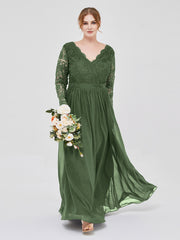 V Neck Lace and Chiffon Dress with Long Sleeves Olive Green