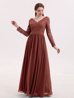 V Neck Lace and Chiffon Dress with Long Sleeves Terracotta