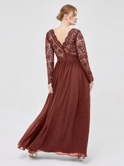 V Neck Lace and Chiffon Dress with Long Sleeves Terracotta