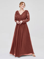 V Neck Lace and Chiffon Dress with Long Sleeves Terracotta