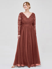 V Neck Lace and Chiffon Dress with Long Sleeves Terracotta