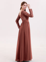 V Neck Lace and Chiffon Dress with Long Sleeves Terracotta
