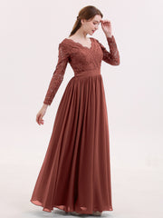 V Neck Lace and Chiffon Dress with Long Sleeves Terracotta