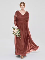 V Neck Lace and Chiffon Dress with Long Sleeves Terracotta