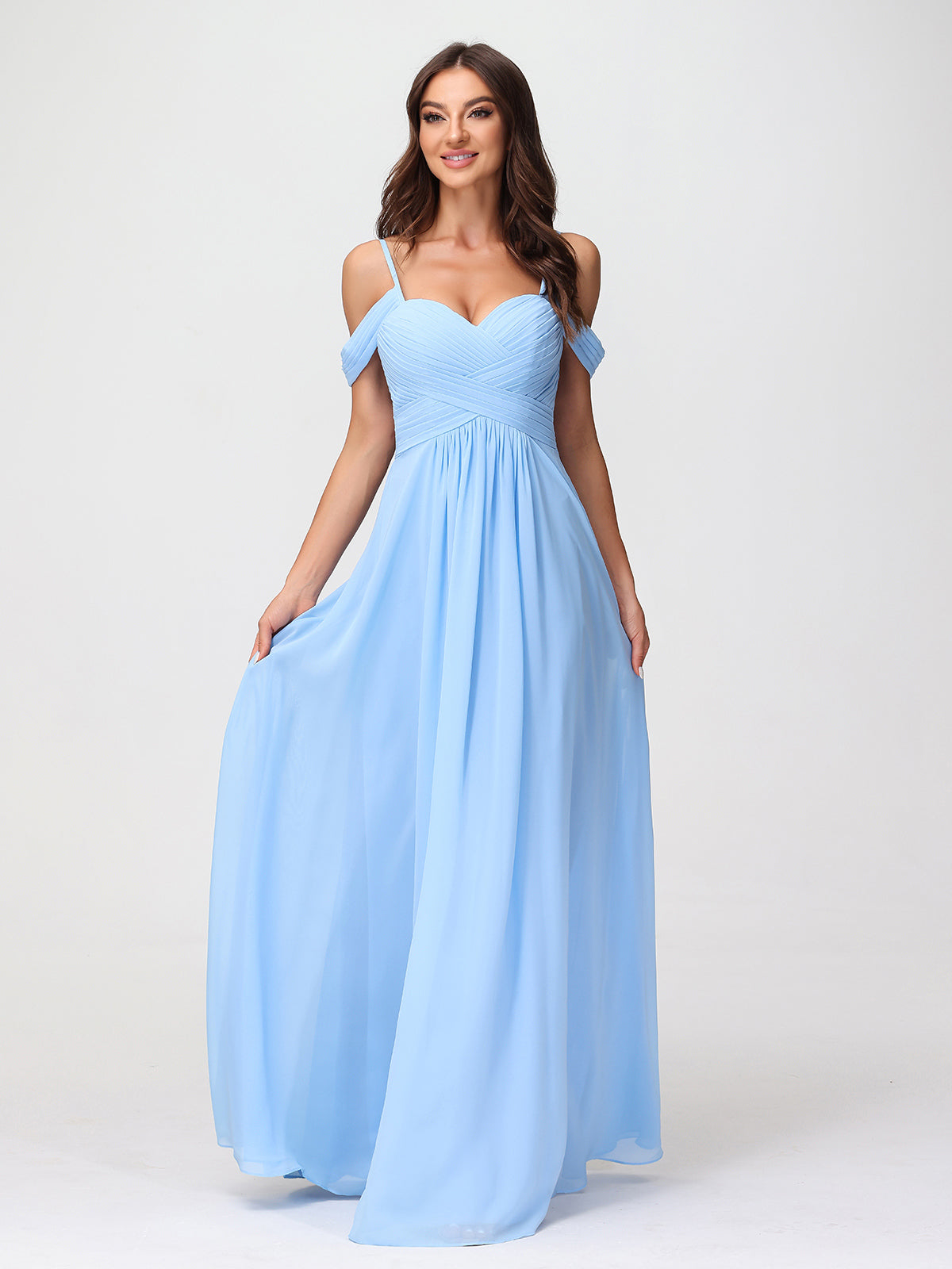 Off Shoulder Spaghetti Strap Chiffon Dresses Blue- Alivia | BABARONI