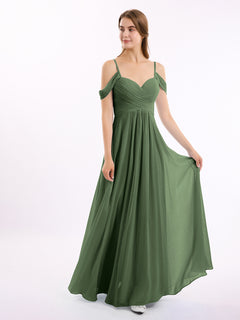 Off Shoulder Spaghetti Strap Chiffon Dresses Olive Green Plus Size