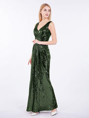 Sheath V neck Sequins Long Dress Olive Green