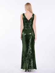 Sheath V neck Sequins Long Dress Olive Green
