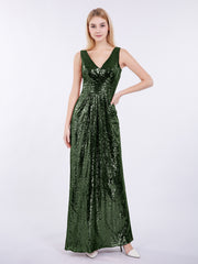Sheath V neck Sequins Long Dress Olive Green