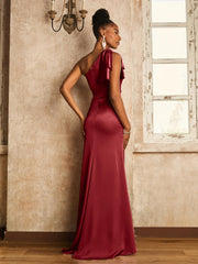 Sleeveless One Shoulder Dress with Shoulder Bow Burgundy