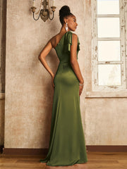 Sleeveless One Shoulder Dress with Shoulder Bow Olive Green