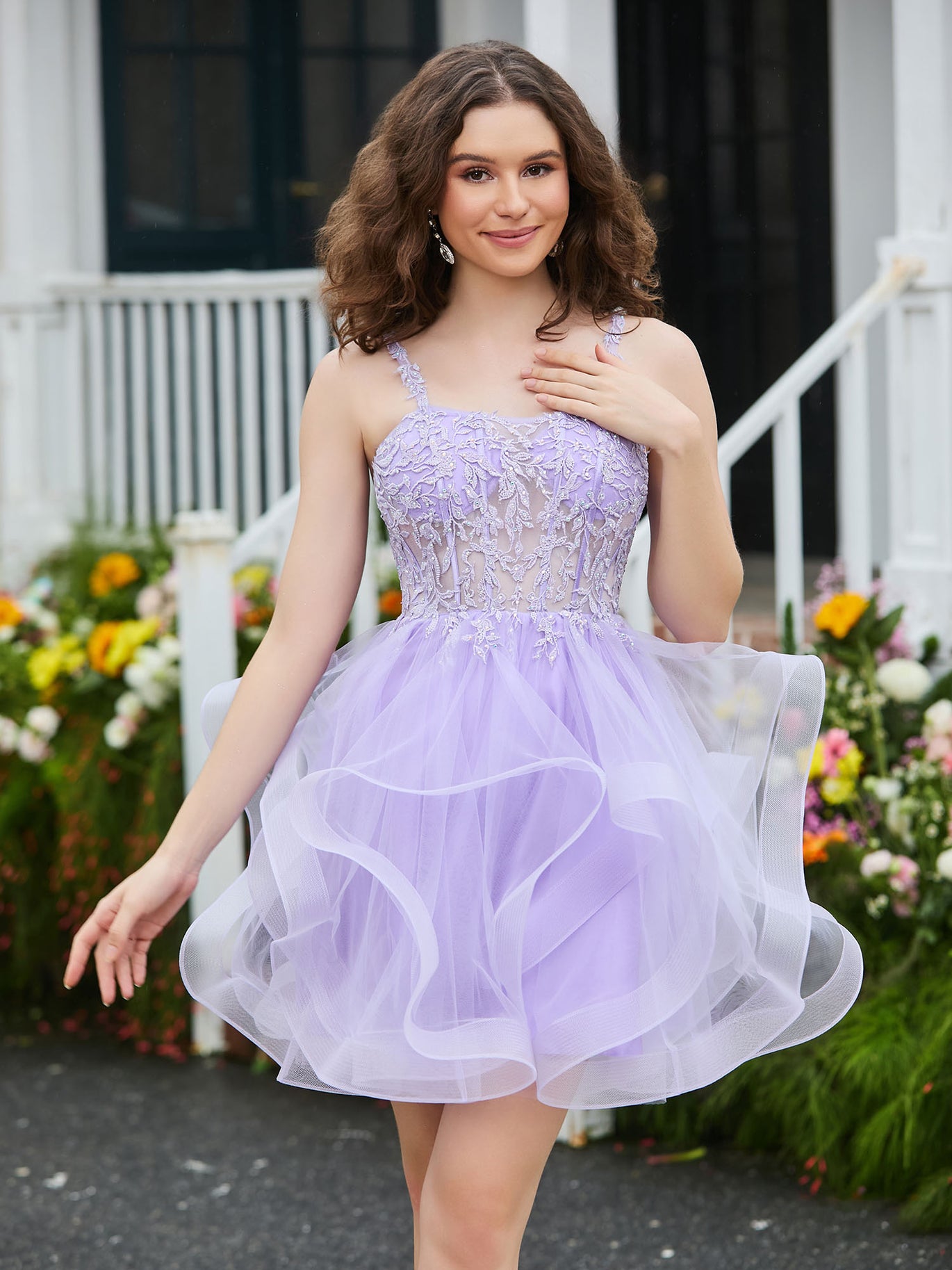 homecoming dresses tulle BABARONI Lilac A-line Sweetheart Spaghetti Strap Beaded Puff Sleeve Mini Dress FG Women's Casual Dress Color:Blue and White