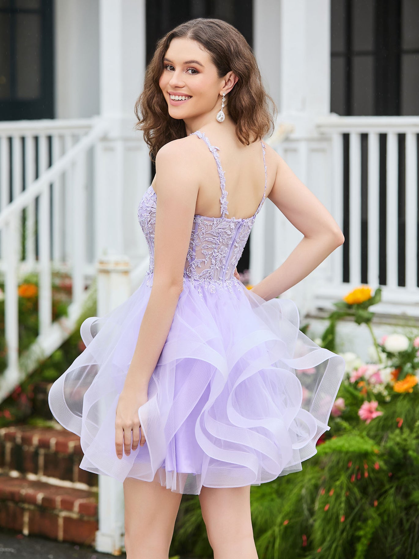 Appliqued Corset Top Halter Tulle Short Dress Fuchsia main image 0