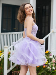 Appliqued Corset Top Short Tulle Dress Lilac