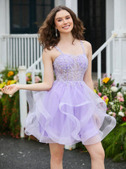 Appliqued Corset Top Short Tulle Dress Lilac